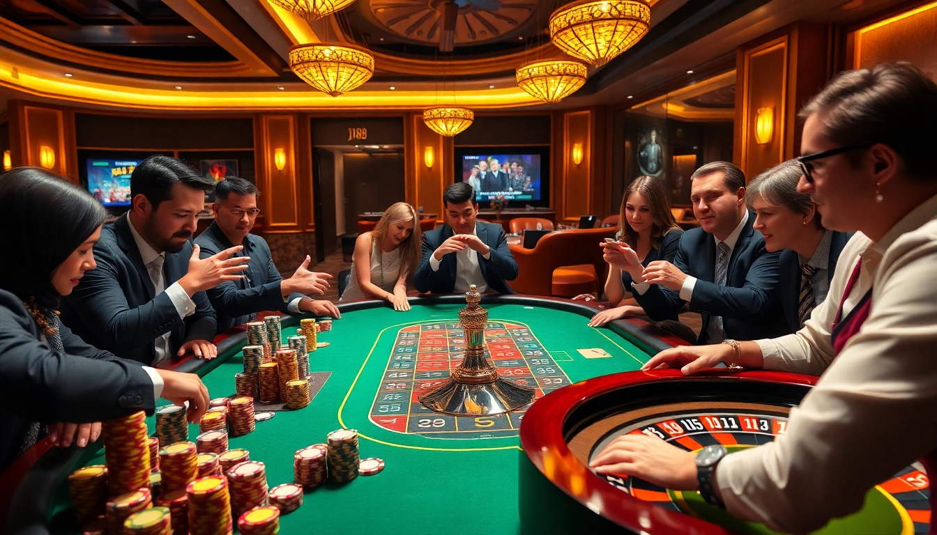 Exciting j88 gaming table with players celebrating a winning hand at a luxurious casino.