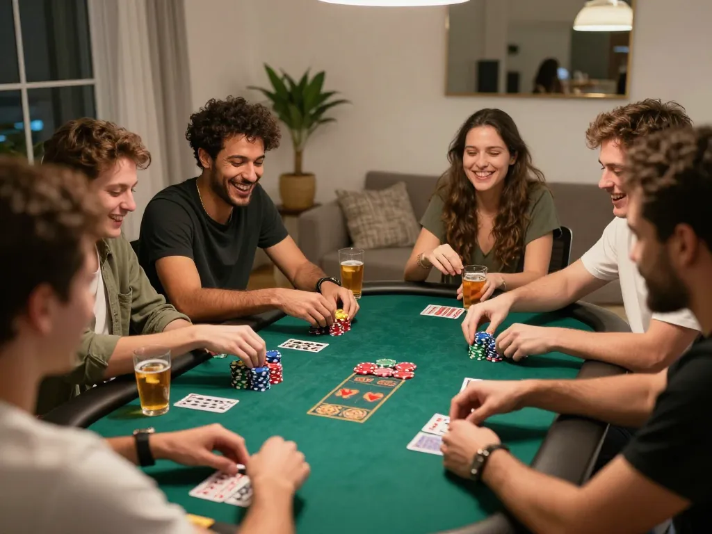 Friends enjoying a lively poker night at home with wala88 gaming experience, showcasing excitement and competition