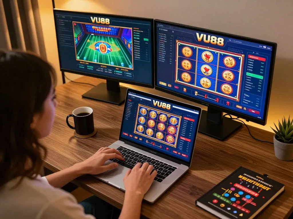 Engaging with VU88 online slots on a modern gaming setup to create thrilling experiences.