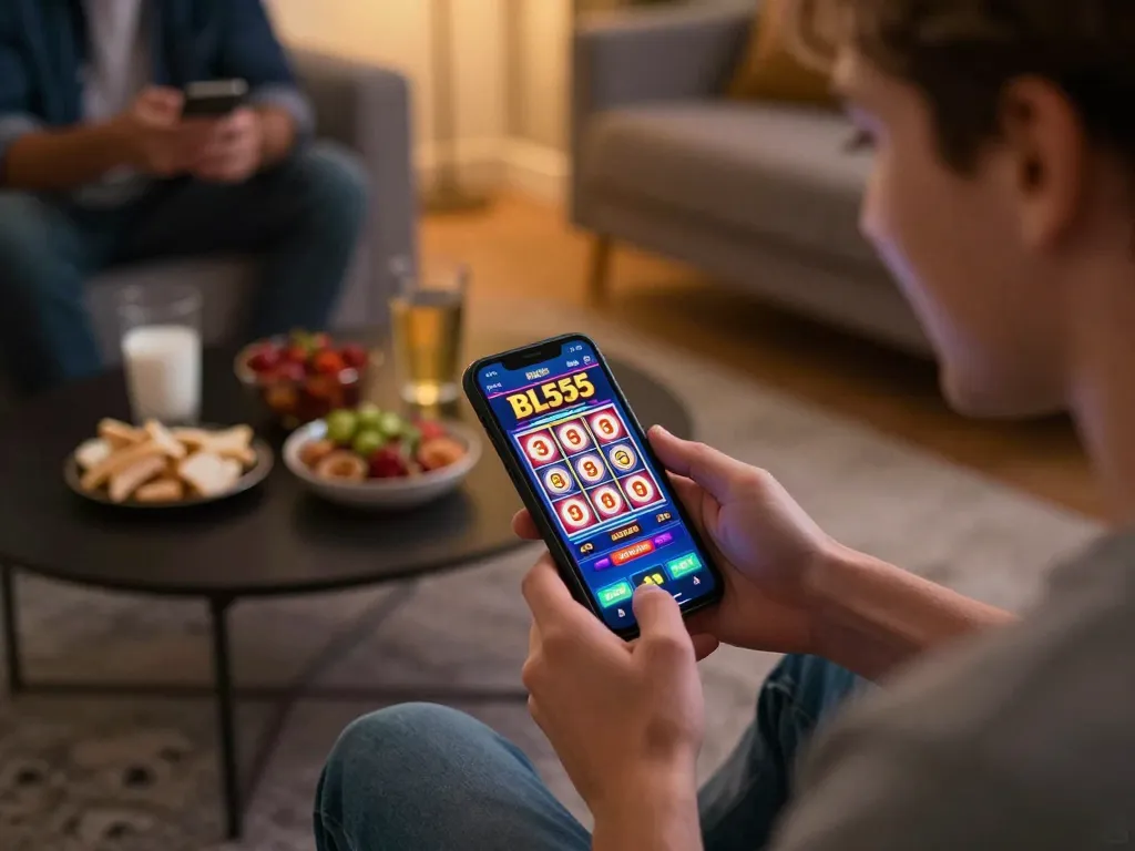 Excited player enjoying BL555 casino app showcasing colorful slot machine gameplay