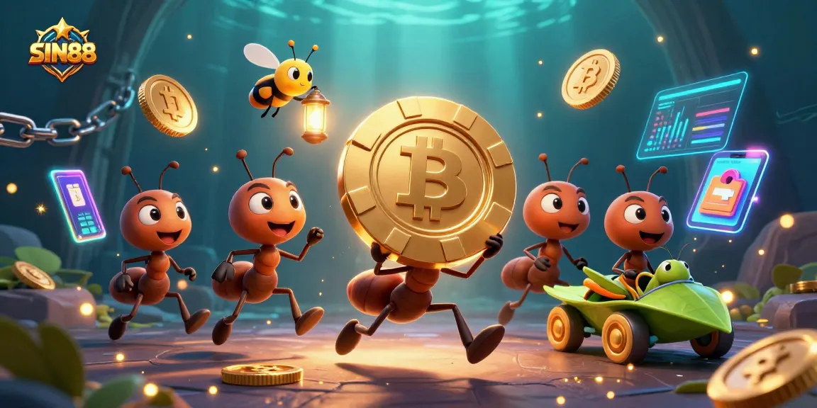 SIN88 leads the heist as ants carry a giant golden poker chip through an energetic casino tunnel.