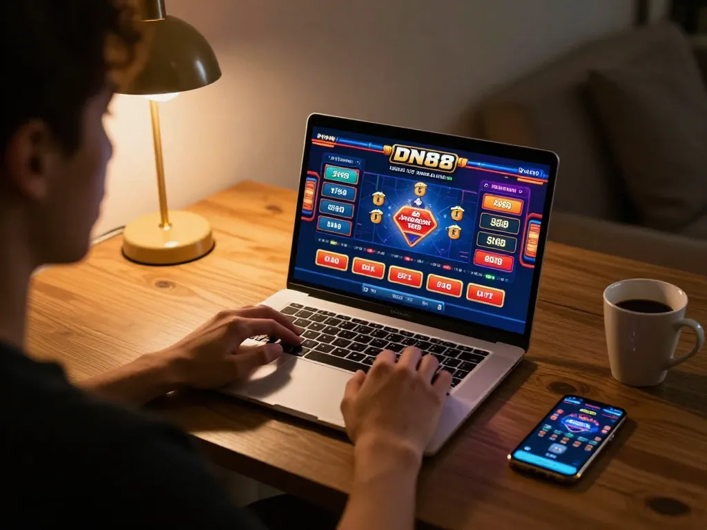 Player enjoying online gaming at DN88 com with engaging casino interface in a cozy atmosphere.