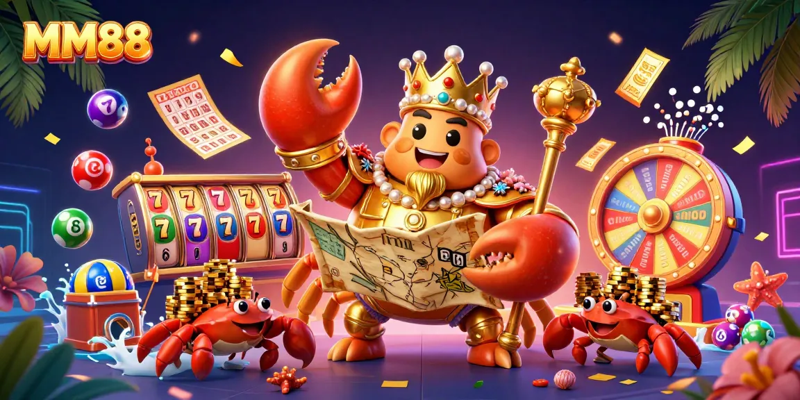 Engage in MM88 casino excitement with a vibrant 3D illustration featuring a golden crab emperor and game elements.