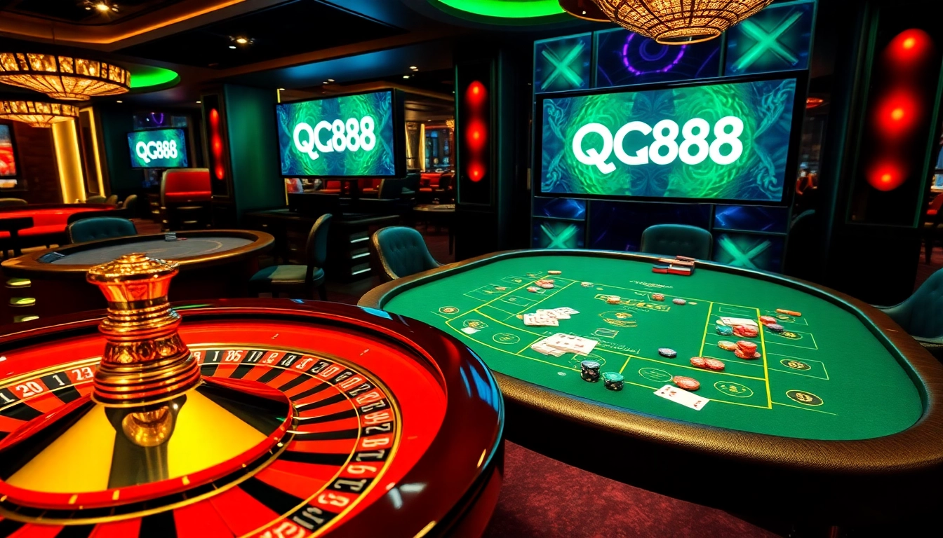 Experience the thrill of QQ88 with vibrant casino tables, cards, and roulette wheels.