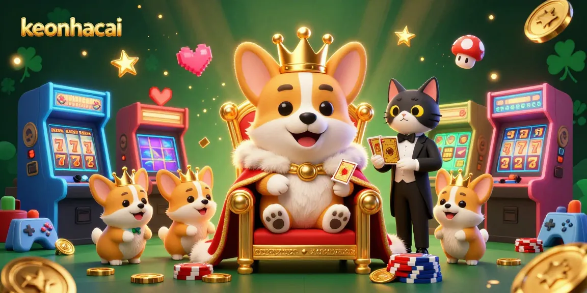 Join the fun with keonhacai's vibrant casino scene featuring a royal corgi and exciting game elements.