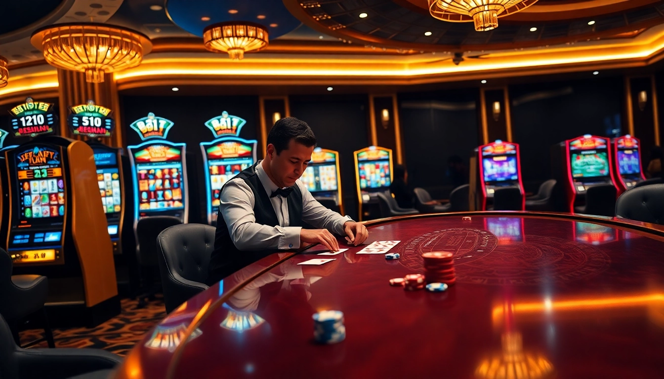 Players enjoying high-stakes poker at https://88aa.fail/, surrounded by vibrant slot machines and luxury.