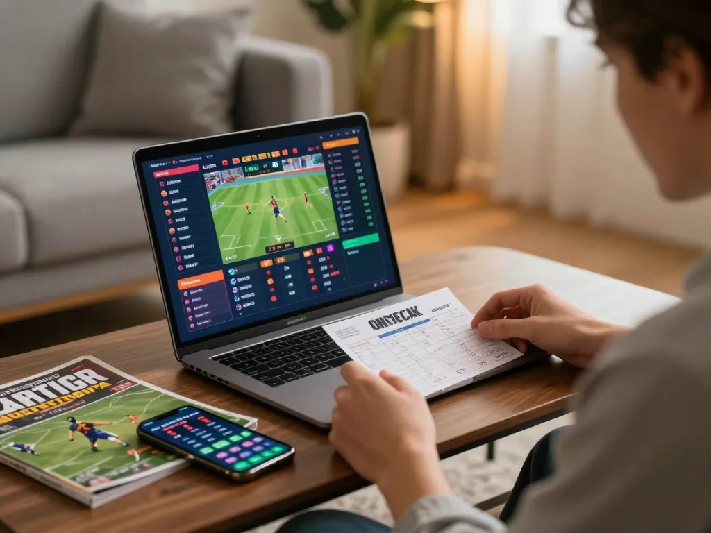 Place bets on fly88 with a user analyzing live sports data from a laptop in a cozy home setting.