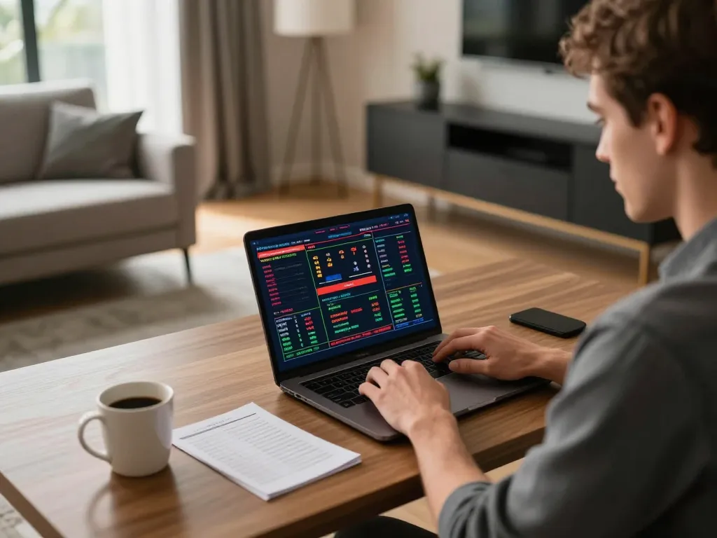 Player analyzing betting strategies for BL555 online gambling on a laptop in a stylish home office.
