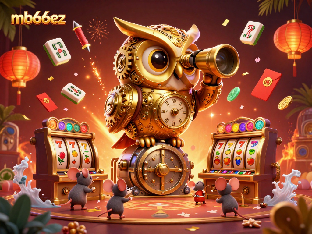 Engage in thrilling slot action at mb66ez with vibrant casino games, bustling atmosphere, and lucky symbols.