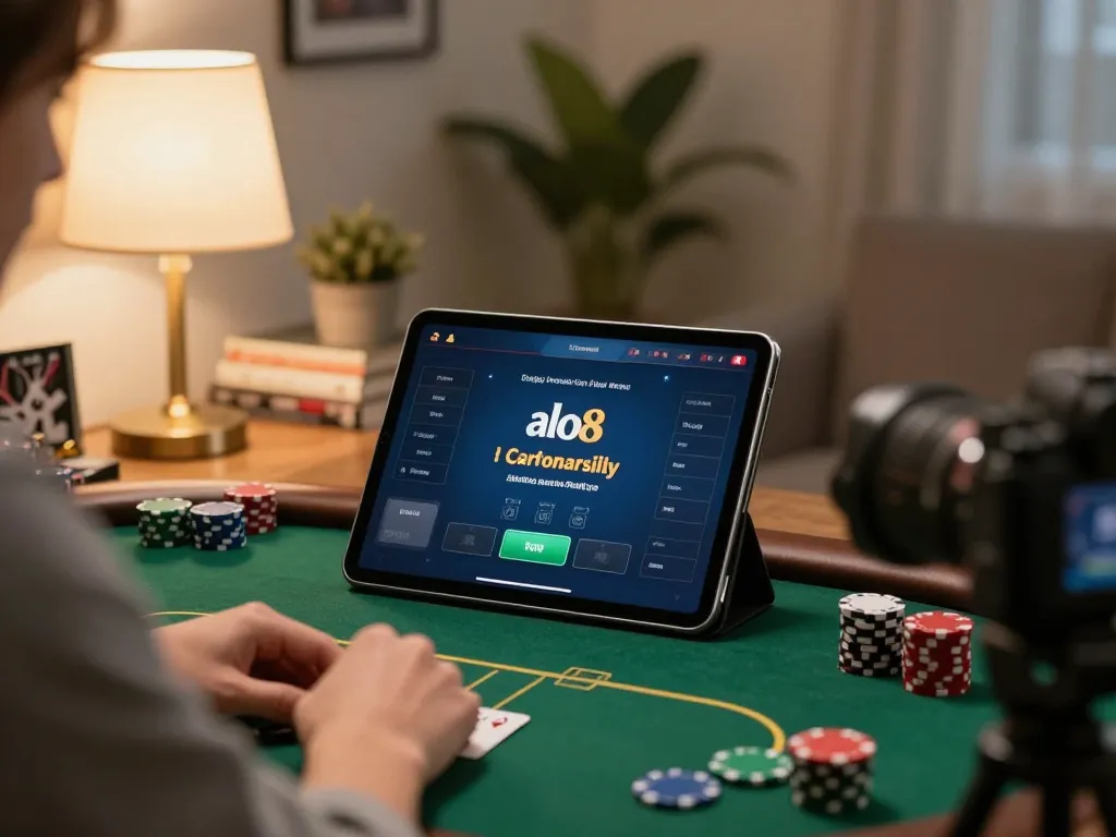 Player engaging with the alo8 online poker interface in a cozy home setting.