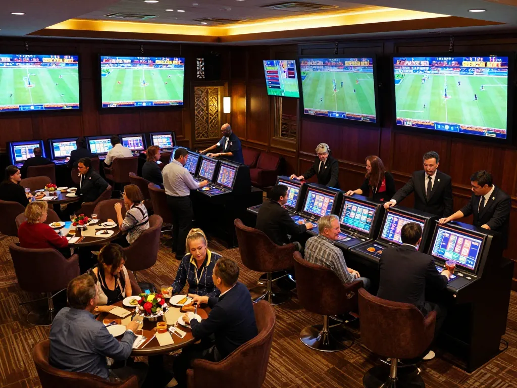 Gamblers placing bets at 789betgo sports lounge with vibrant screens displaying live games