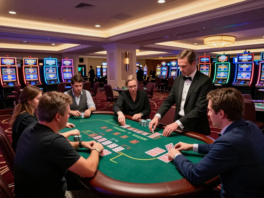 Fly88 players strategizing at a dynamic blackjack table, showcasing intense gameplay and luxurious casino decor.