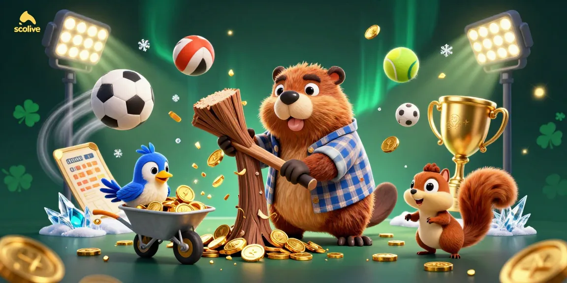 Socolive showcases a vibrant 3D cartoon scene of a beaver and friends collecting golden coins, highlighting sports excitement.