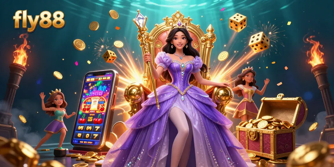 Experience fly88's exciting jackpot atmosphere with a dazzling princess amidst a dynamic casino scene.