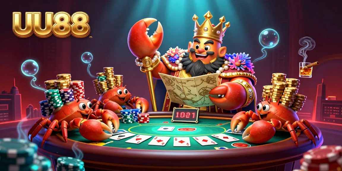 Experience the thrilling atmosphere of UU88 with a golden crab emperor and vibrant poker elements.