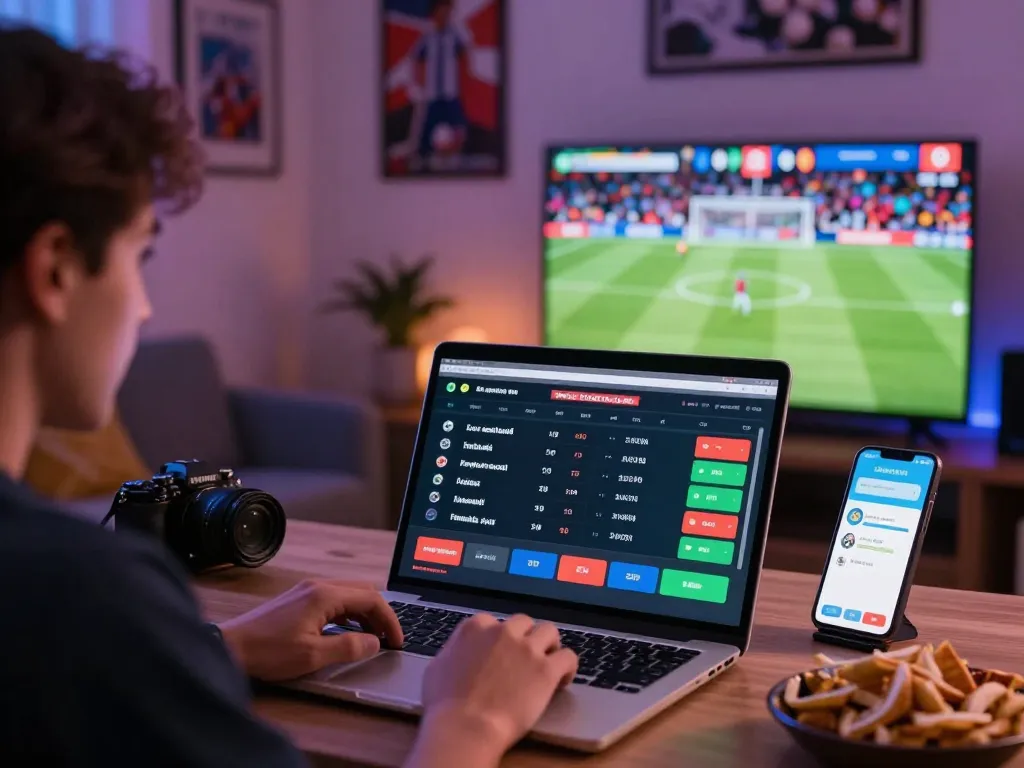 Engaging user on 1gom checking live football odds and betting options in a vibrant atmosphere