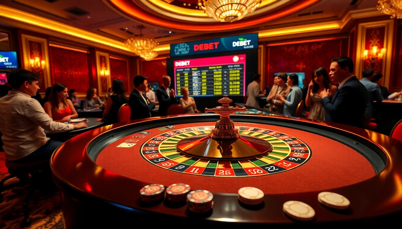 Players engaging at a vibrant DEBET roulette table in a luxurious casino setting.