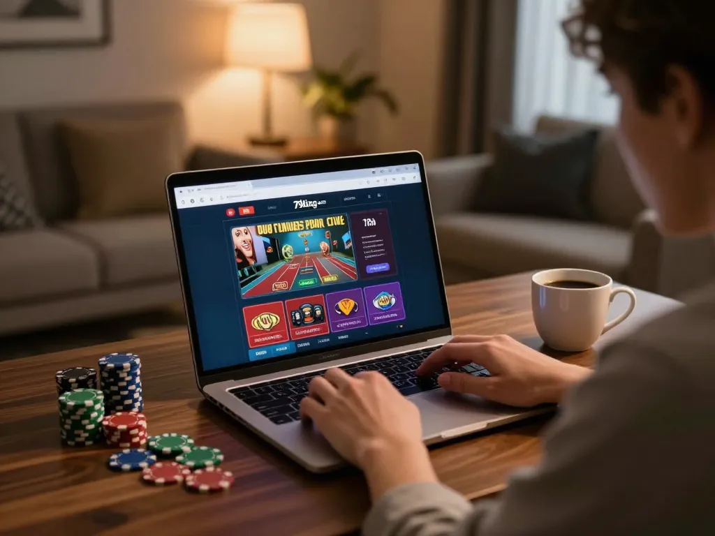 Engaged player using 79king com for online poker while surrounded by snacks and strategy notes.