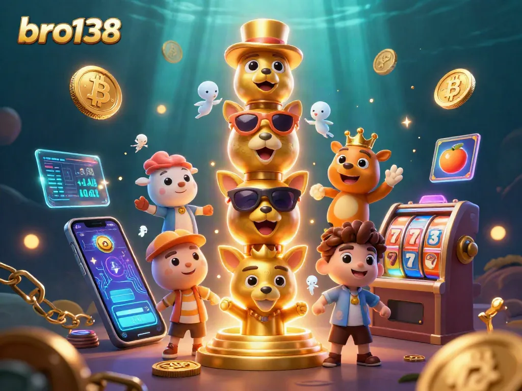 Spin the reels at bro138 while encountering a colorful totem pole surrounded by neon crypto coins and slot symbols.