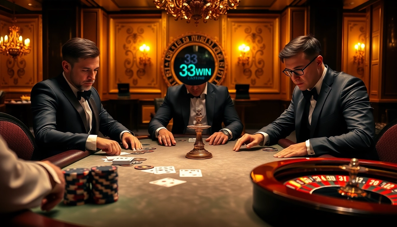 Experience the thrill of gambling with 33WIN at an elegant poker table filled with excitement.