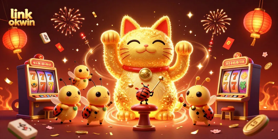 Experience thrilling fun with link okwin as golden fireflies form a lucky cat amidst vibrant casino symbols.