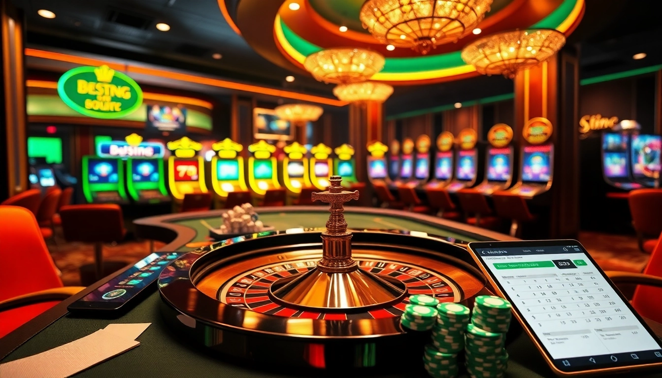 Engaging scene of online gambling featuring bsport with professional dealers and luxurious gaming tables.
