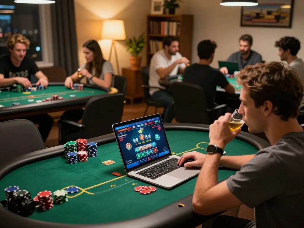 MM88 player engaging in online poker with vibrant interface and cozy home setup.