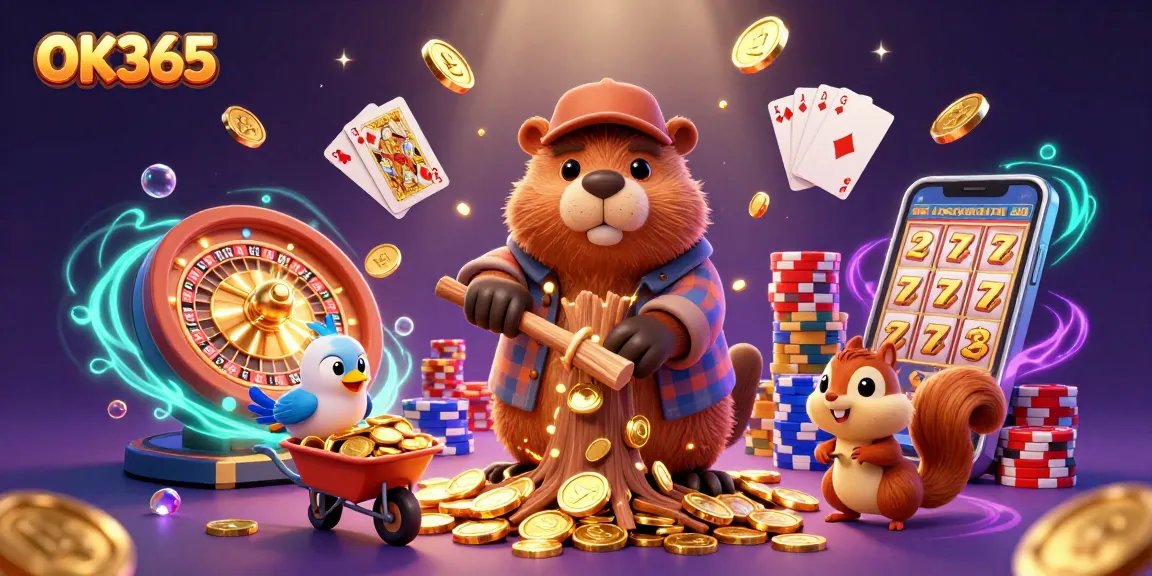 Spin and win big with OK365 in this vibrant casino scene featuring golden coins and playful characters.