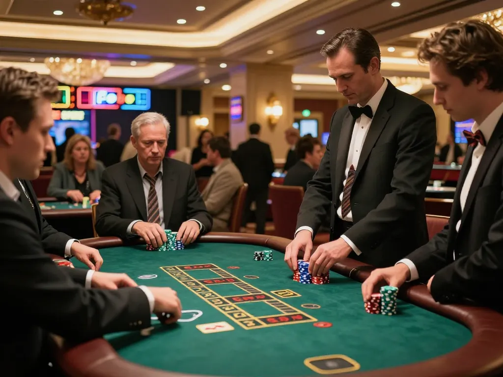 Fabet players strategizing at a lively casino table with vibrant decor and ambient lighting.