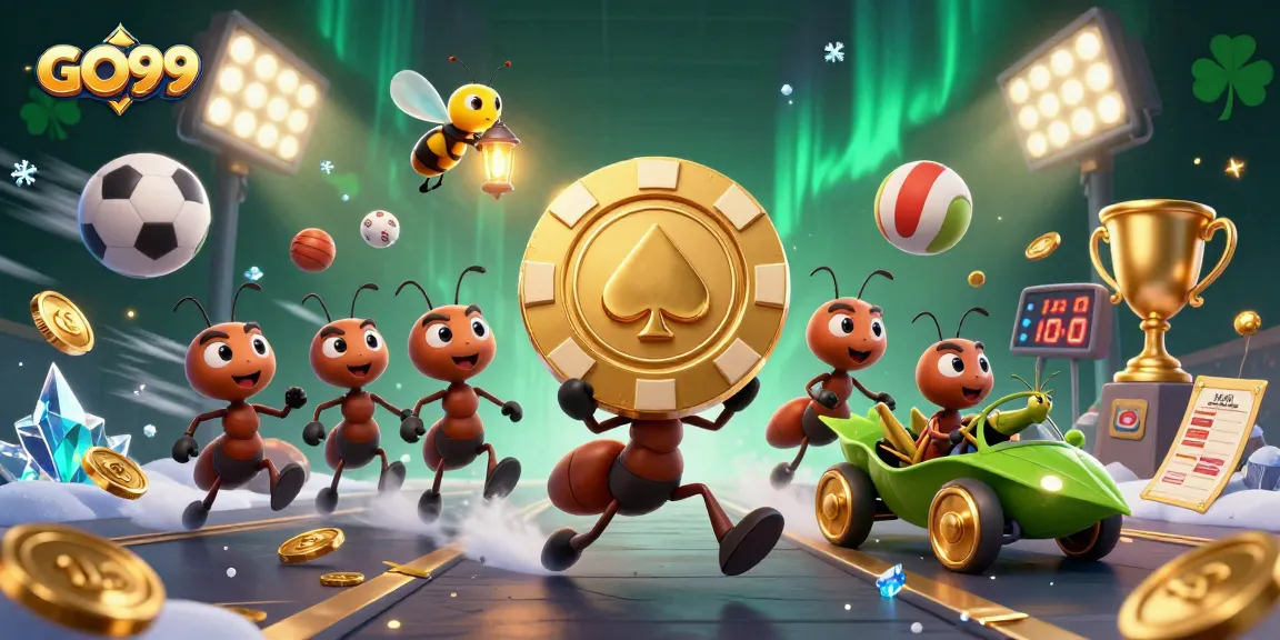 Engage in thrilling gameplay with GO99 featuring cartoon ants heisting a giant poker chip.