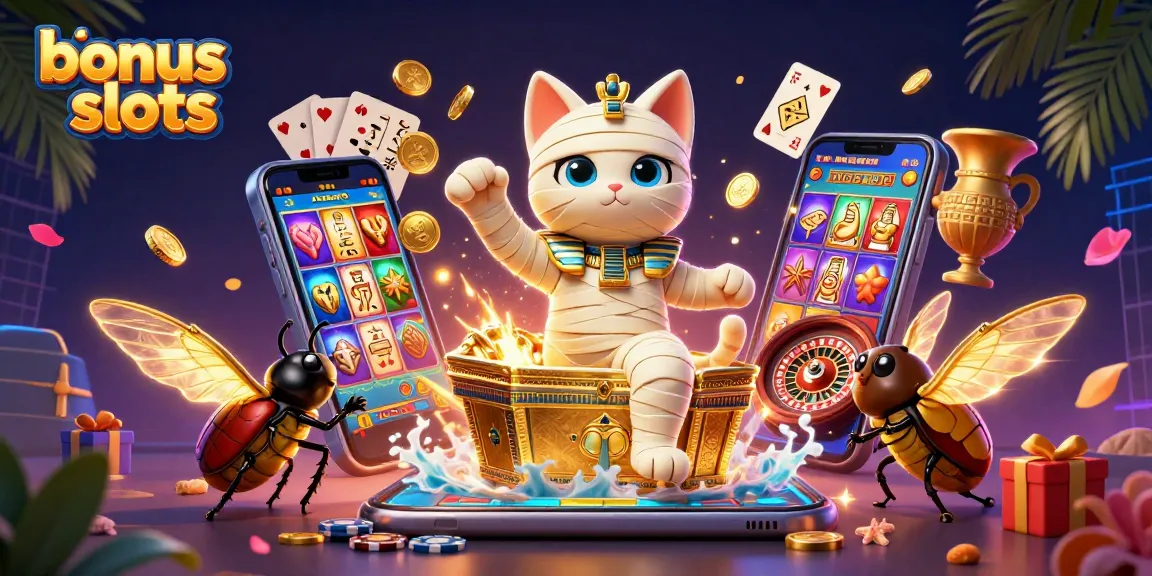 Experience bonus buy slots with a thrilling 3D scene featuring a mummy cat and golden casino action.
