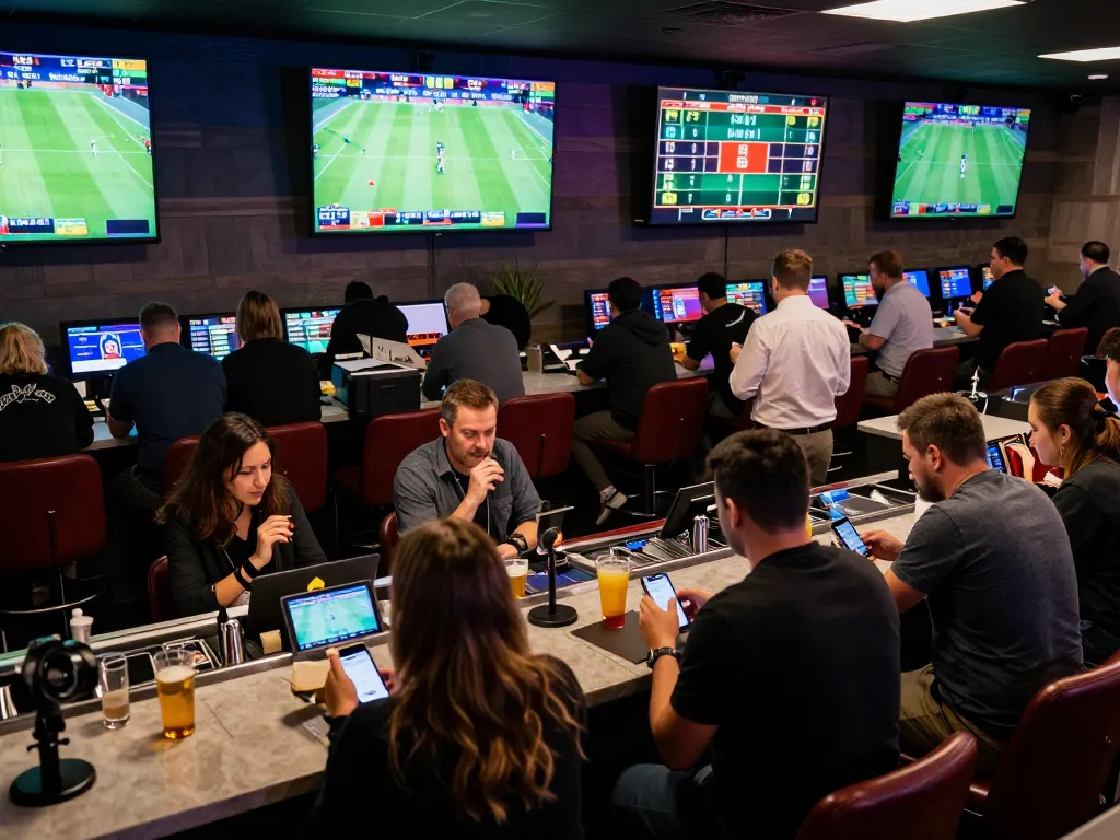 Engaging sports betting scene with active gamblers around screens at https://tx88at.com/ showcasing excitement and strategy.