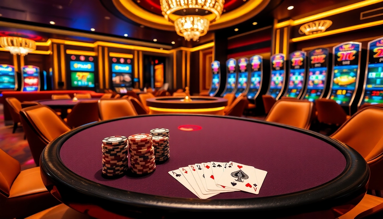 Experience the thrill of kp88 with a vibrant casino scene showcasing poker chips and an elegant roulette wheel.