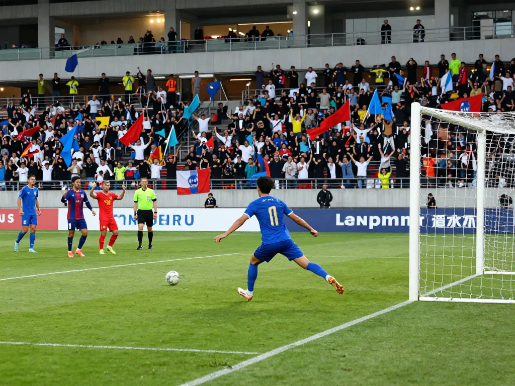 Bóng đá 1gom match with players in action, goal celebration, and cheering crowd.