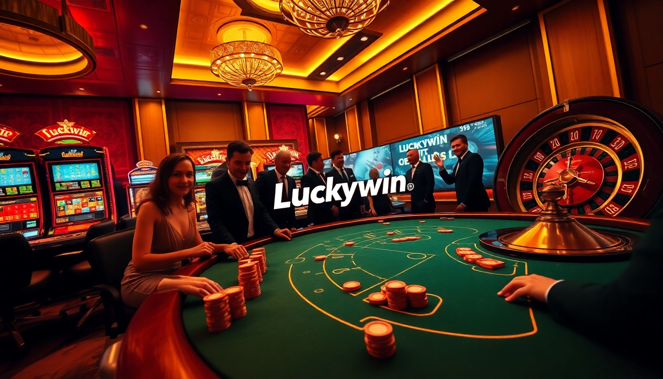 Luckywin players enjoying an exciting poker game amidst sparkling chips and vibrant casino atmosphere.
