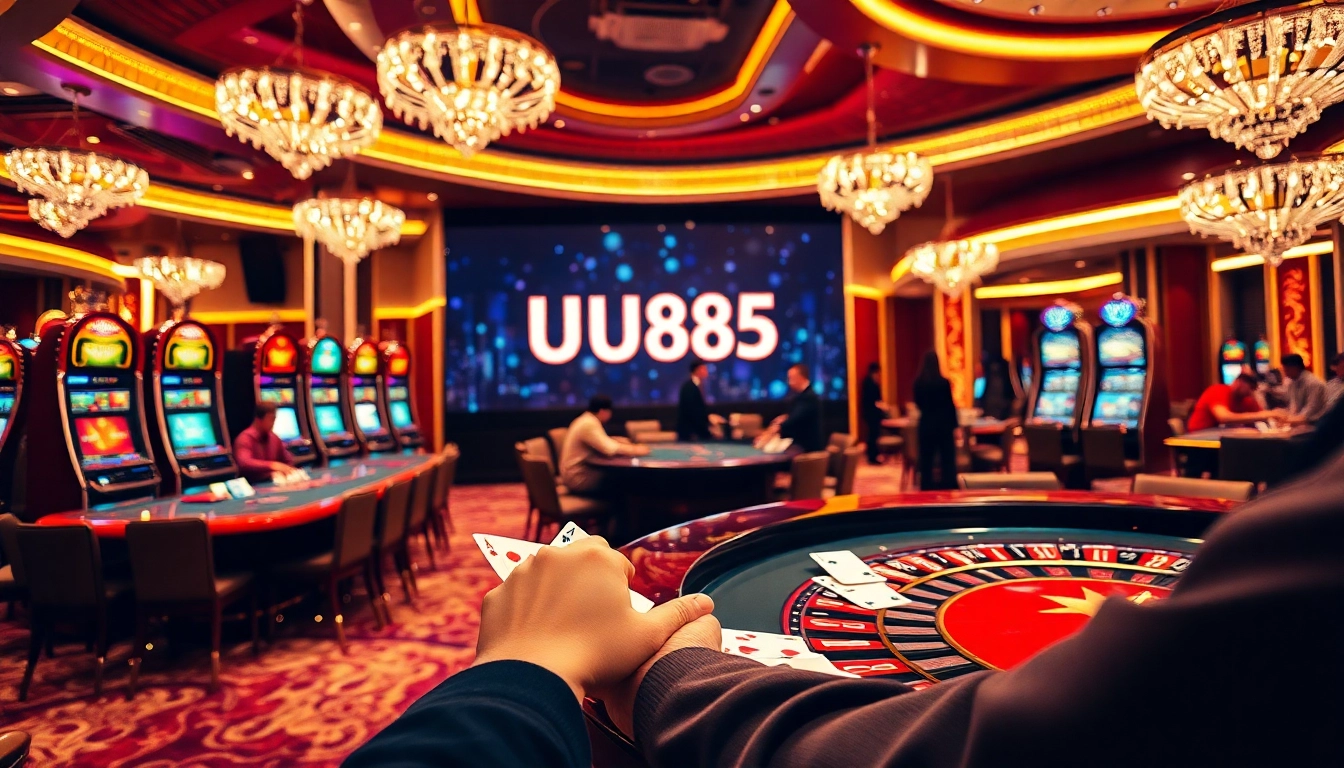 Engage with UUU885 at a luxurious casino featuring vibrant tables, roulette, and immersive gambling excitement.