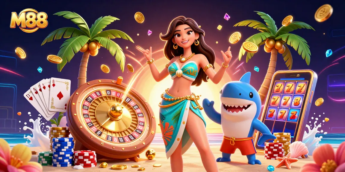 M88 brings excitement through a vibrant casino scene with a glamorous woman and a playful shark, showcasing thrilling gaming elements.