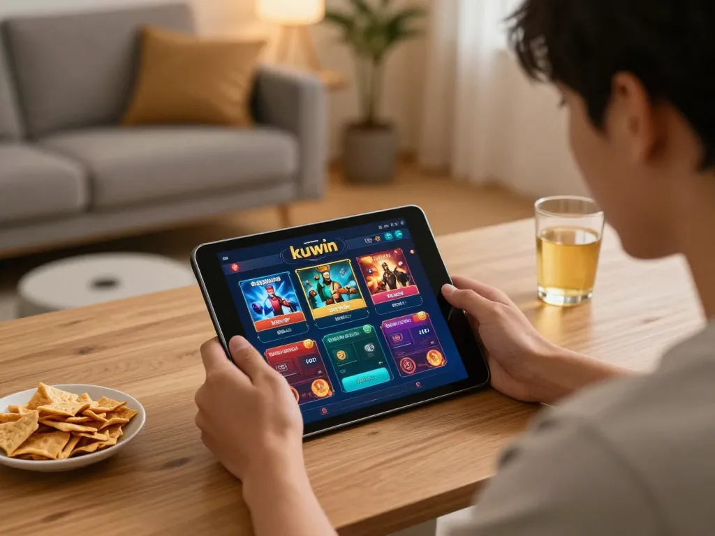 Kuwin gambler engaging with online casino app on a tablet, showcasing strategic gameplay.