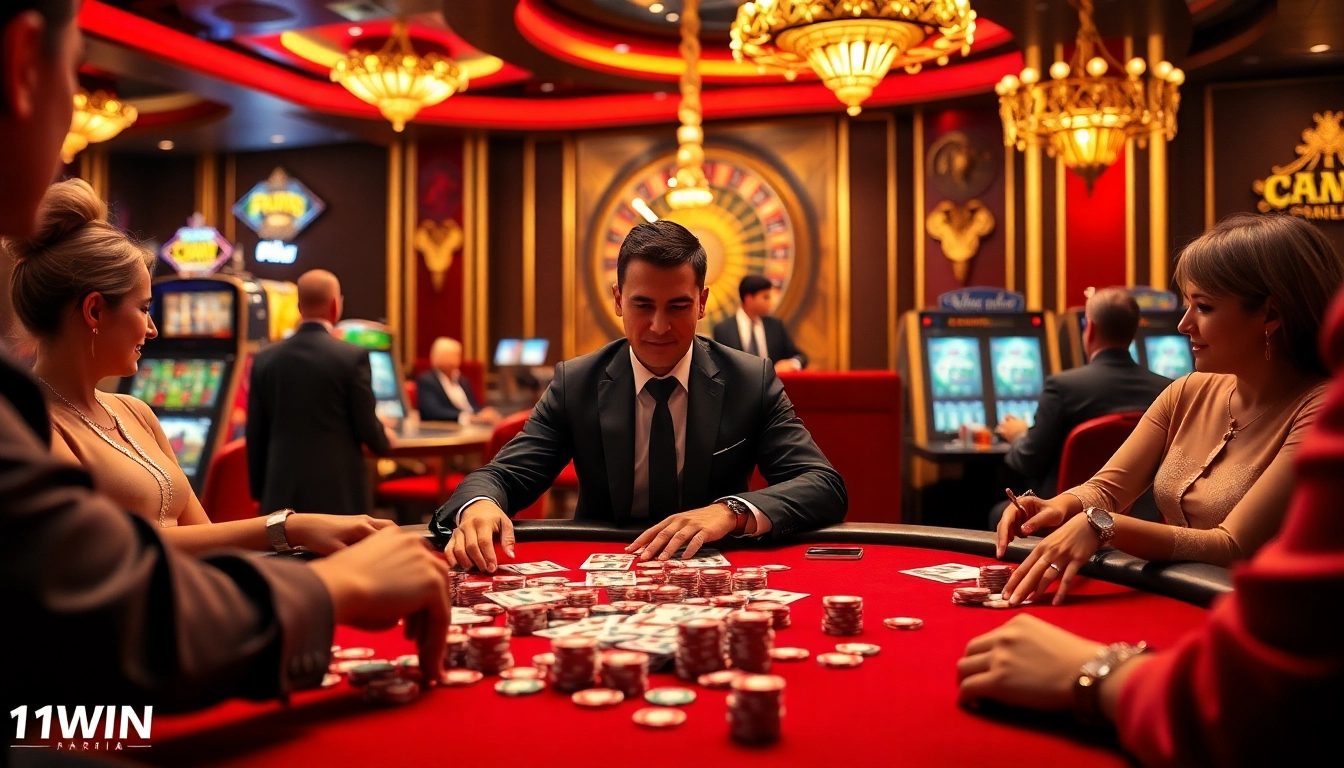 Experience high-stakes poker action at 11WIN's vibrant casino tables with colorful chips and cards.
