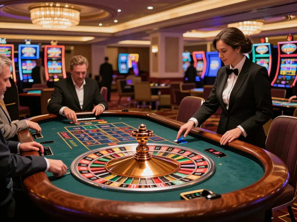 Players engaging in exciting roulette gameplay at the casino with gk88 atmosphere, vibrant decor, and dynamic action.