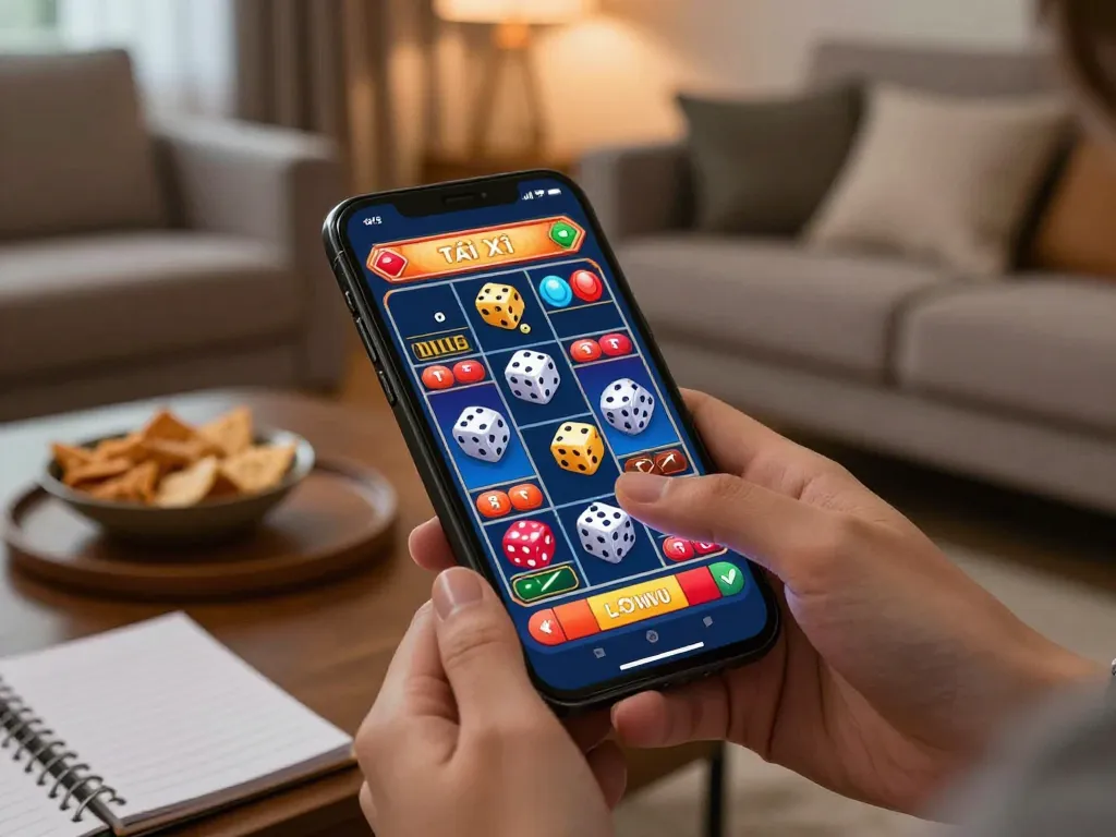 Tài Xỉu online gameplay on smartphone, showcasing dice graphics in an engaging setting.