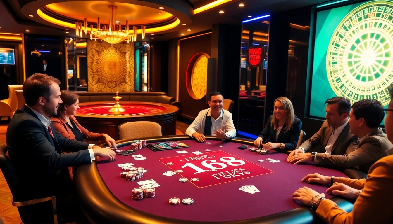 Engaged players at F168 poker table experience thrilling moments with vibrant cards and chips.
