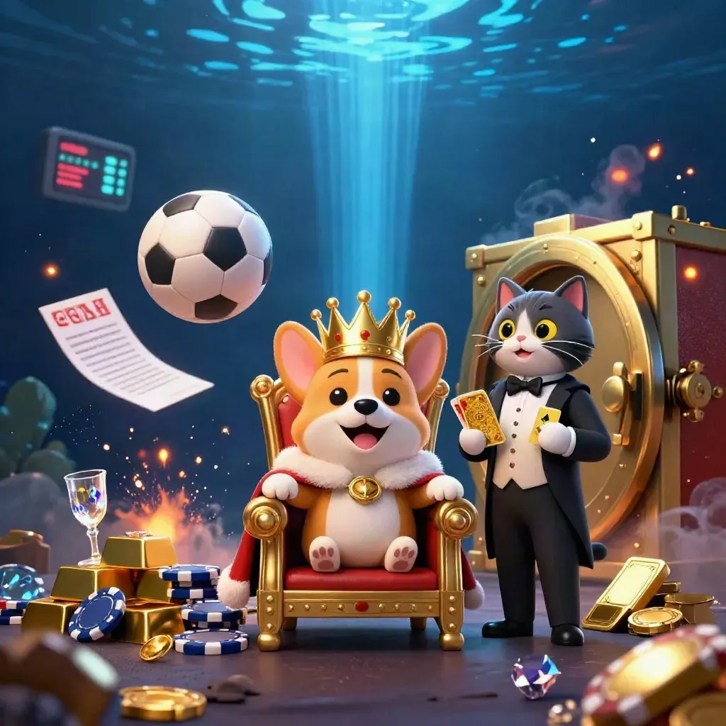 Royal corgi and cat butler amid flying balls, gold, and vault light in a blue casino scene