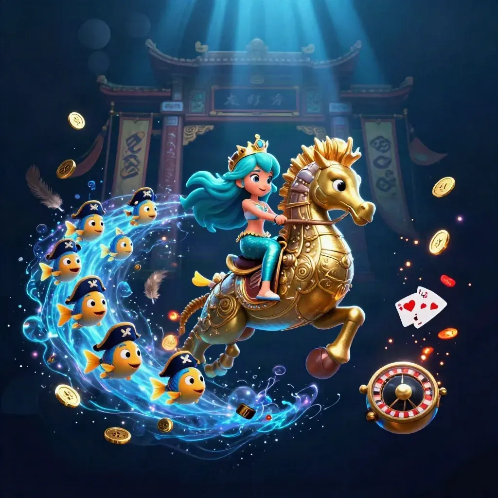 Mermaid princess on armored seahorse amid pirate fish, coins, temple gate, and blue-gold casino glow.