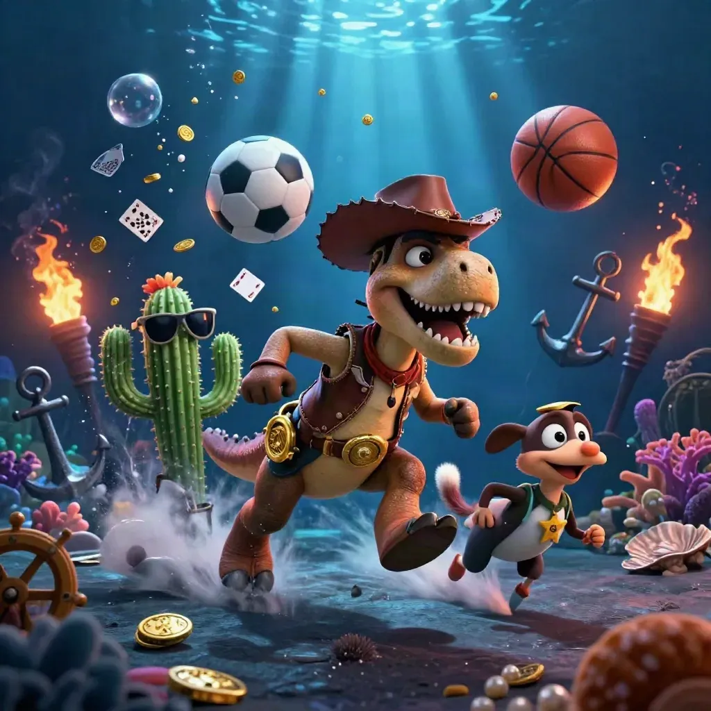 Cartoon T-Rex, cactus, and roadrunner amid gold coins, sports balls, and glowing underwater treasure.