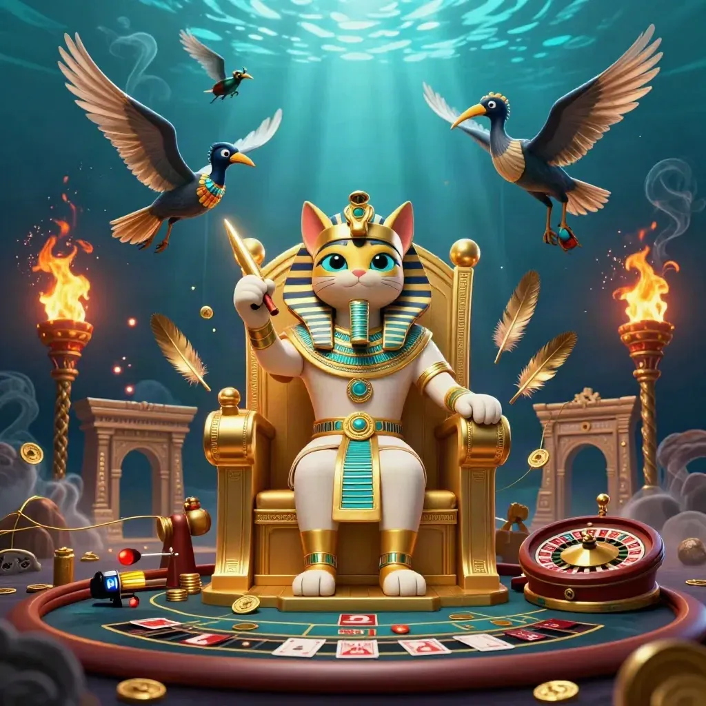 Pharaoh cat on throne with ibis scribe, gem scarabs, casino props, blue-gold underwater lighting.