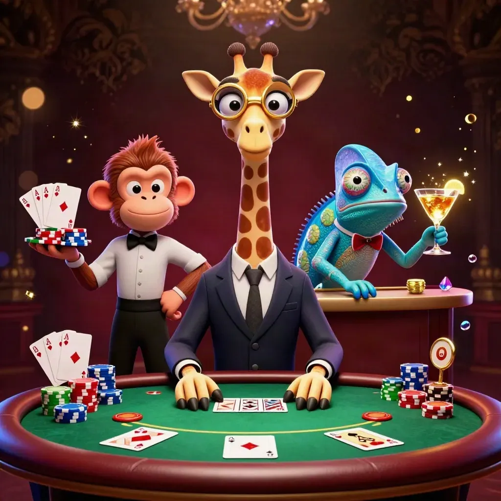 Giraffe high-roller, monkey valet, and chameleon bartender at a luxe poker table, glowing with gold and blue.