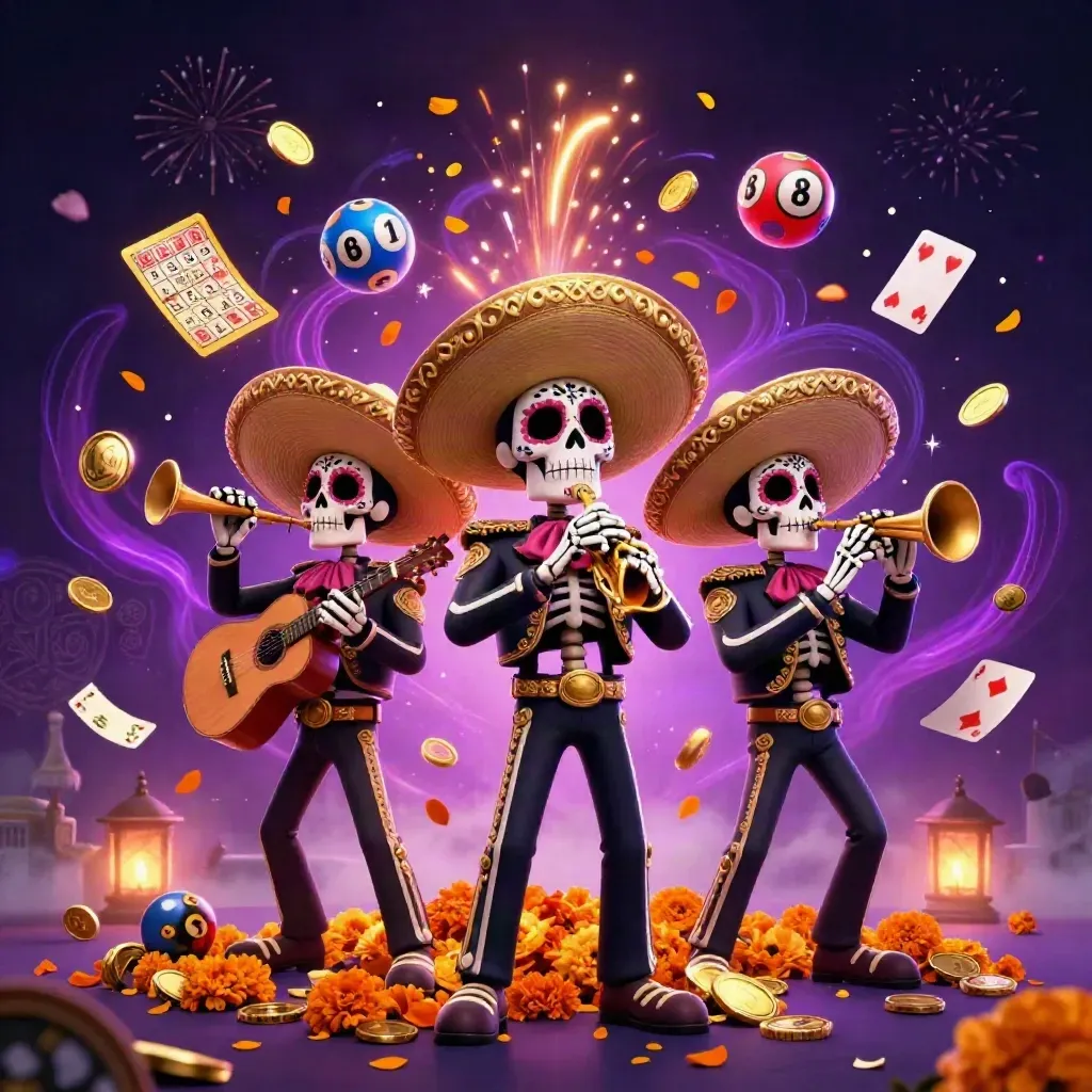 Skeleton mariachi trio amid coins, lottery balls, fireworks, and magical casino lights.