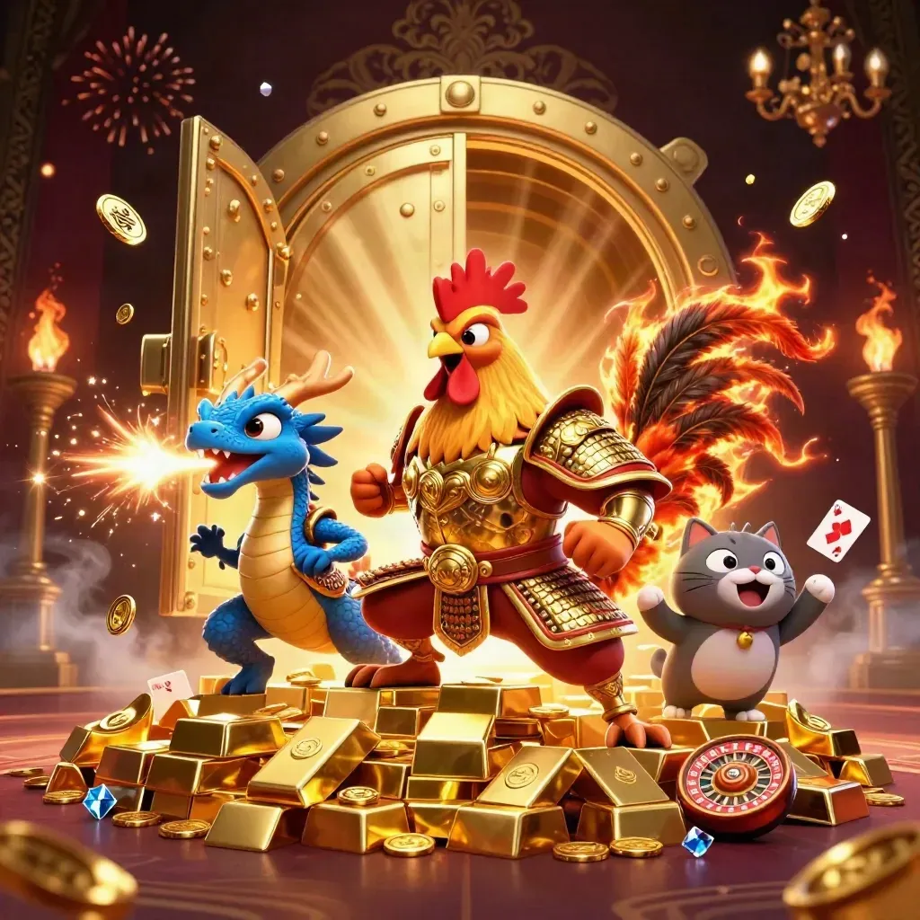 Rooster warrior, dragon hatchling and fortune cat erupt from a glowing vault with gold and fireworks.