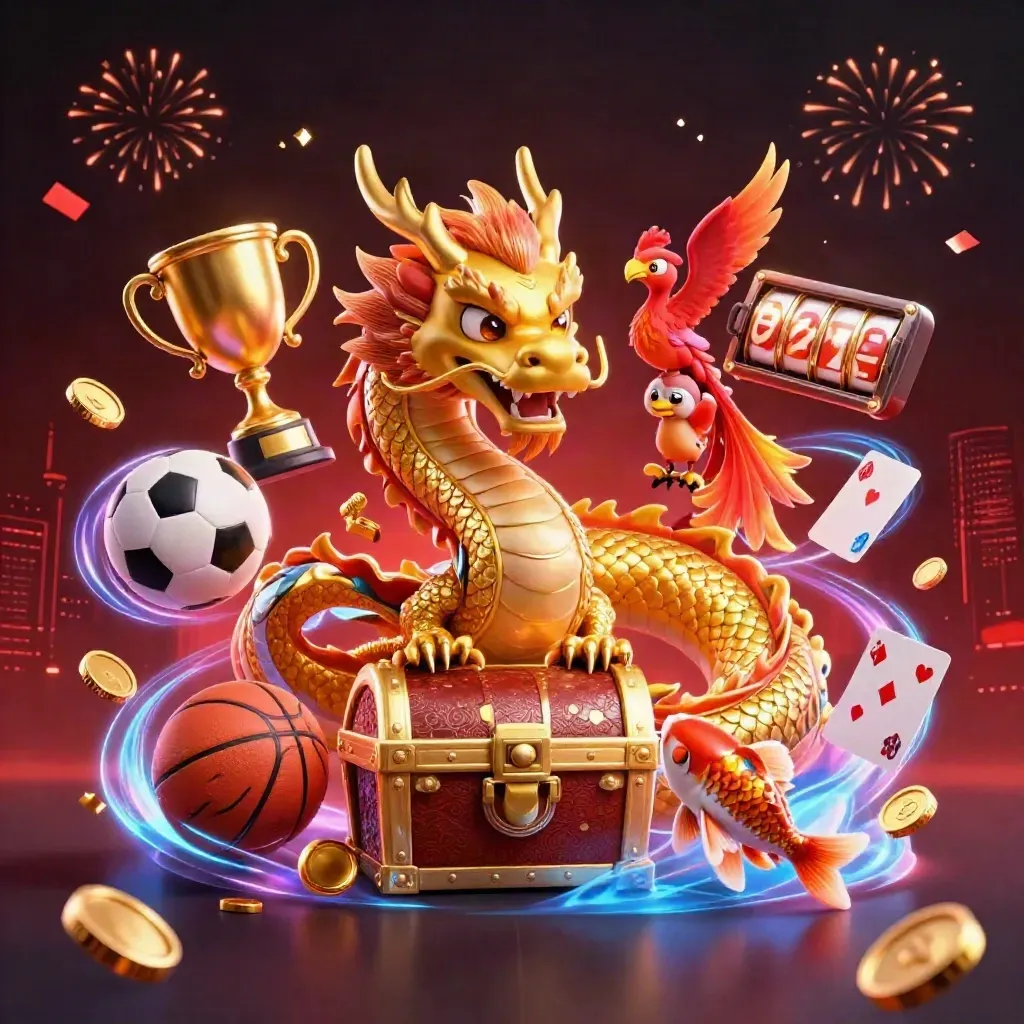Golden dragon, phoenix and koi burst with coins, sports balls and fireworks in casino key art.